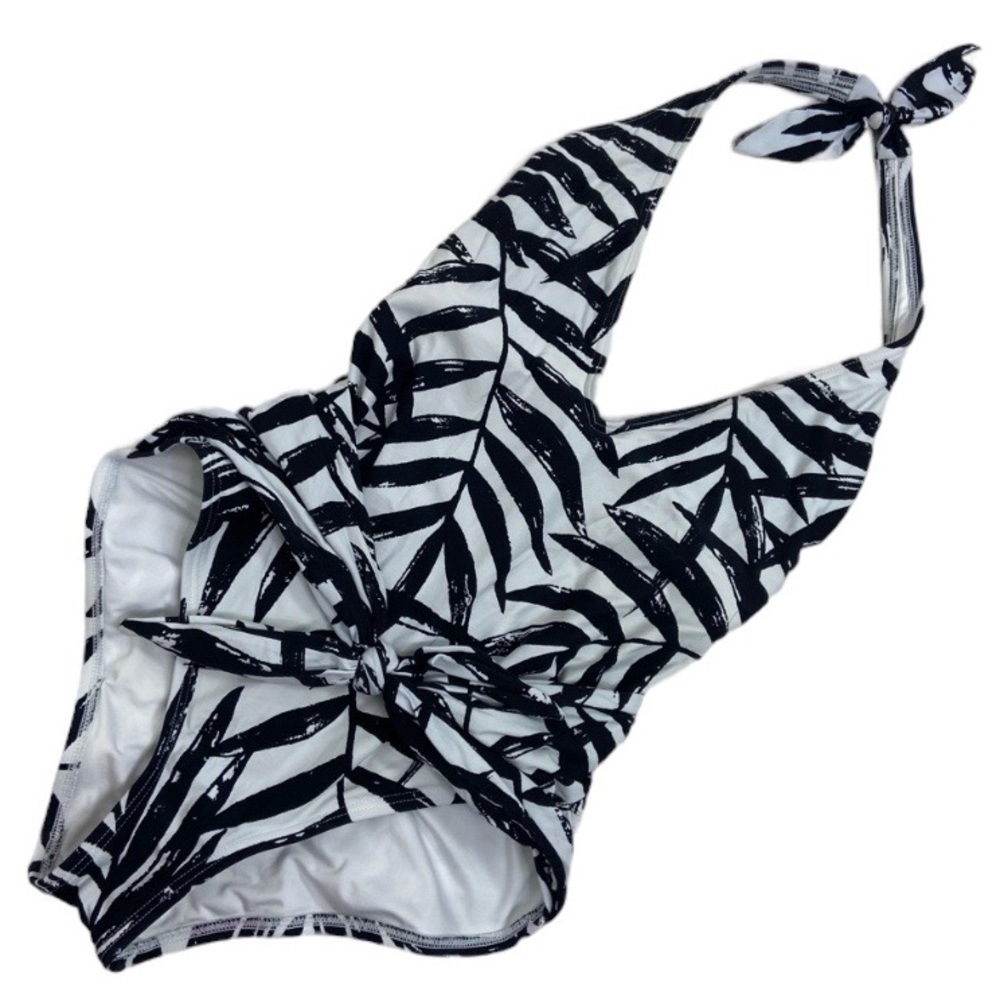 Carmen Marc Valvo black & white palm tree tropical front tie one piece swimsuit